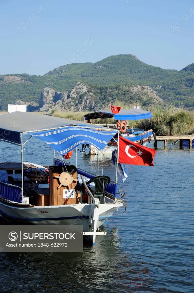 Excursion boats on the river, river delta in the nature reserve between Caunos and Iztuzu beach, Turtle beach, Dalyan, Mugla province, Mediterranean, ...