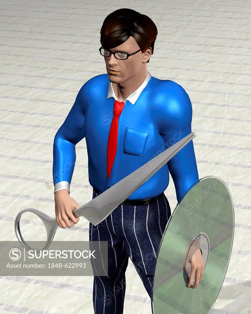 Employee as a warrior with scissors and a CD as a shield, symbolic image for hostile takeover, illustration