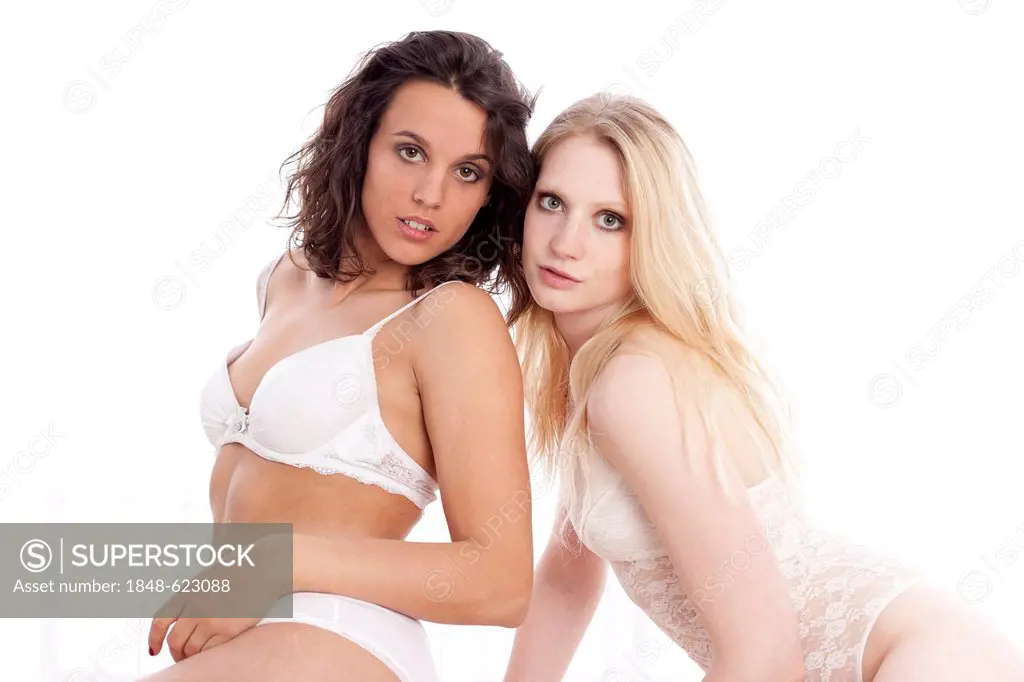 Two young women posing in lingerie