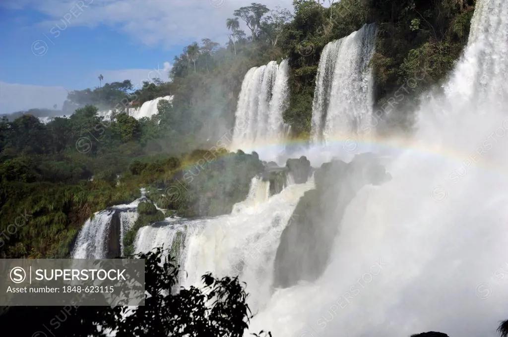 Iguazu or Iguacu Falls, UNESCO World Heritage Site, with rainbow, of Brazil and Argentina, landscape of the Argentine side, South America