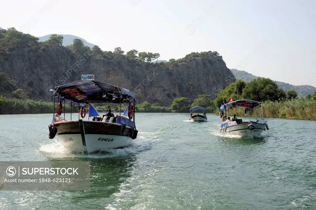 Excursion boats on the river, nature reserve between Lake Koeycegiz and Dalyan, Mugla province, Mediterranean, Turkey, Asia Minor
