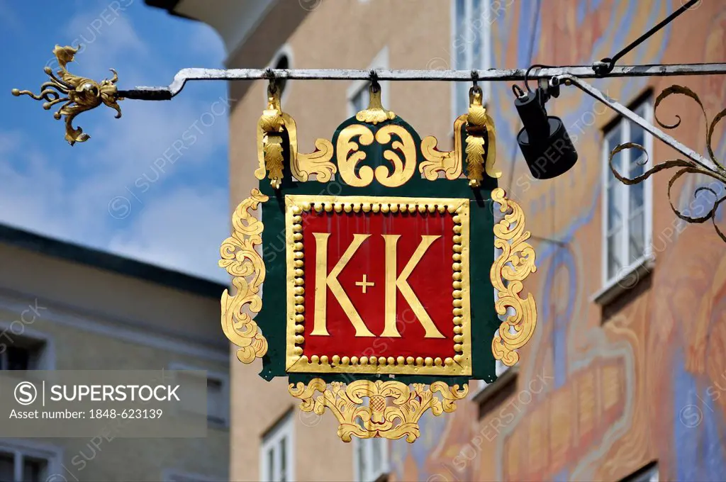 Restaurant sign, K + K, Waagplatz square, Salzburg, Austria, Europe