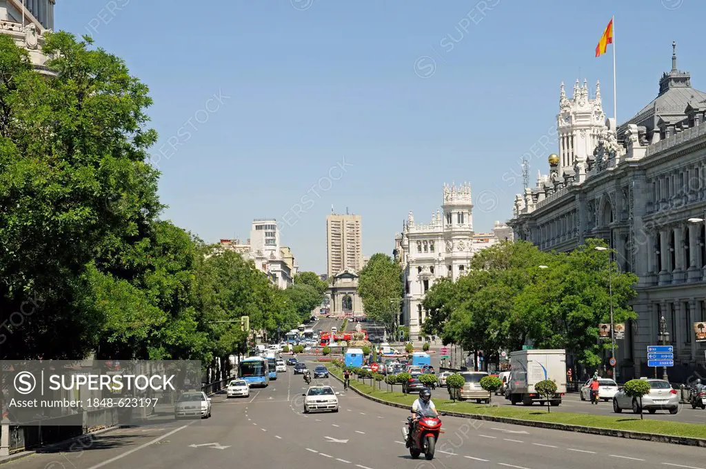 Road traffic, Calle de Alcala, main street, Puerta de Alcala at back, Madrid, Spain, Europe, PublicGround