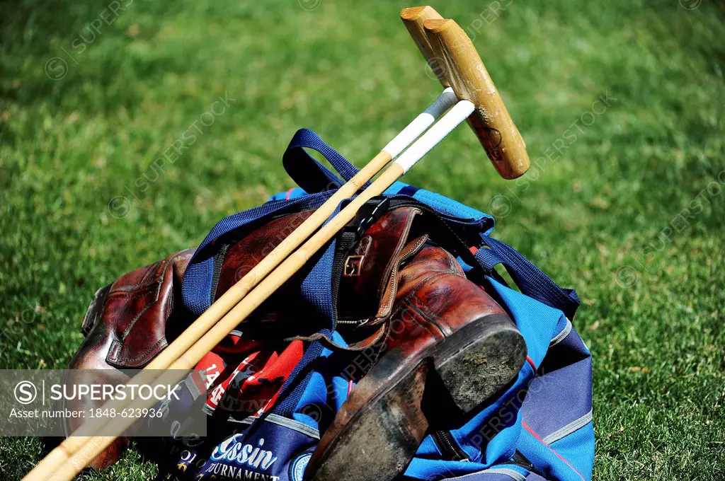 A polo bag with boots and polo mallets, Ebreichsdorf, Lower Austria, Austria, Europe
