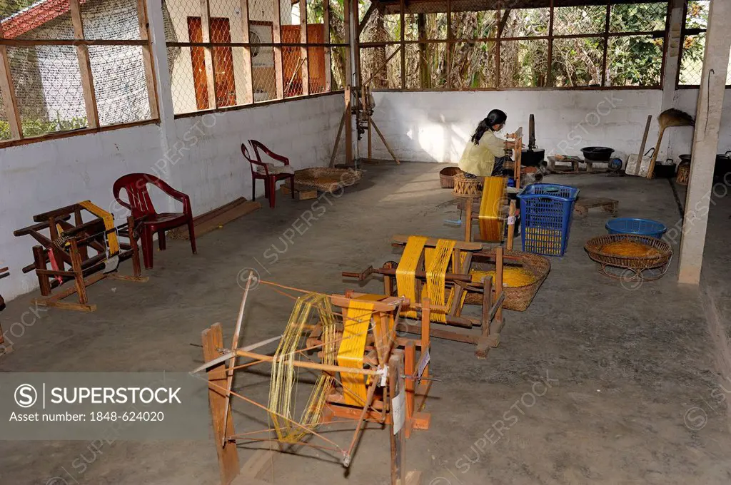 Spinning works at a silk factory in the city of Phansavan, Laos, Southeast Asia, Asia
