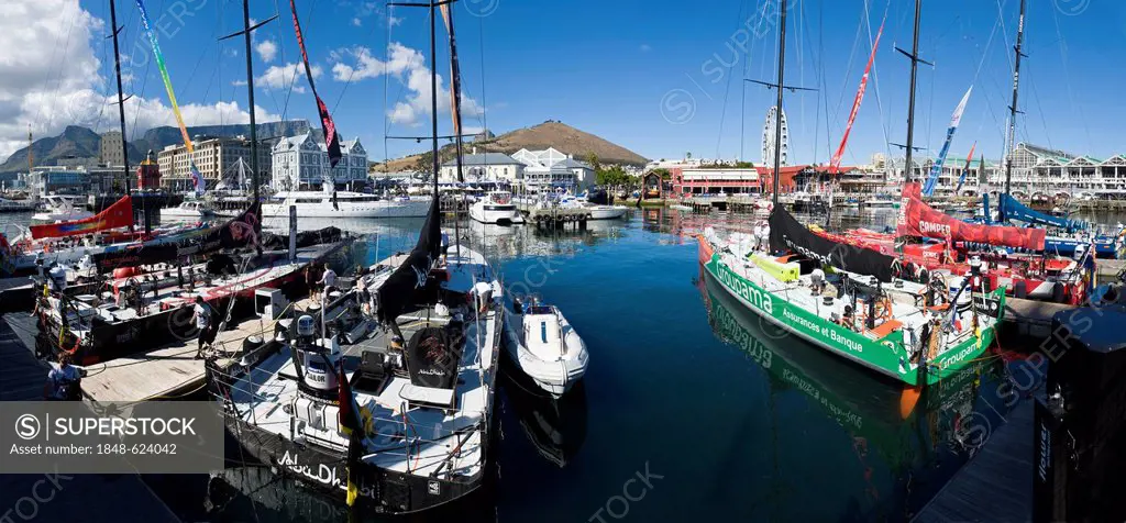 Panoramic view, Volvo Ocean Race crews at the V&A Waterfront marina preparing for the 2nd leg of the regatta from Cape Town, South Africa, to Abu Dhab...