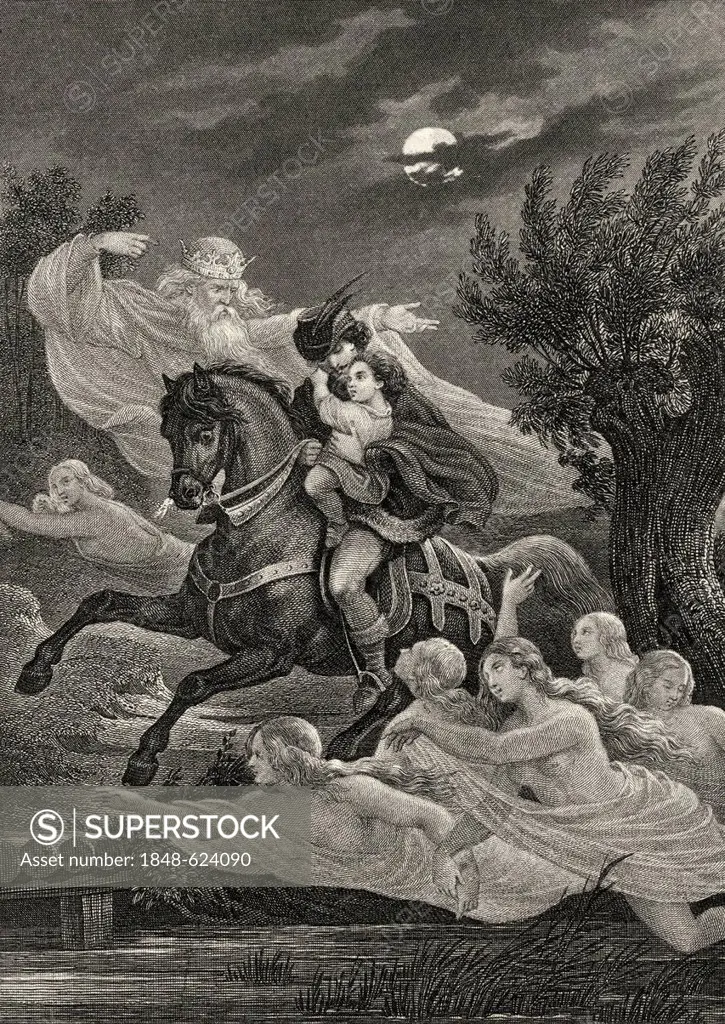 Historic steel engraving by Ferdinand Rothbart, 1823 - 1899, a German illustrator, father and son riding through a stormy night, scene from the Erl Ki...