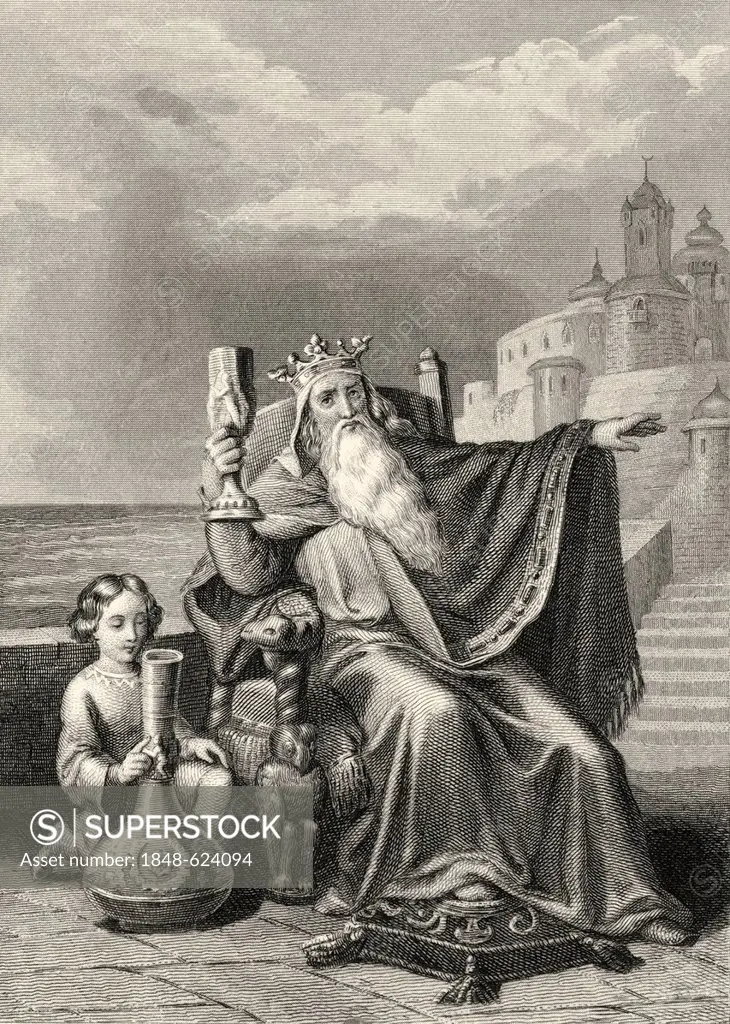 Historic steel engraving from the 19th century, the mythical island of Thule, scene from The King in Thule, a poem by Johann Wolfgang von Goethe