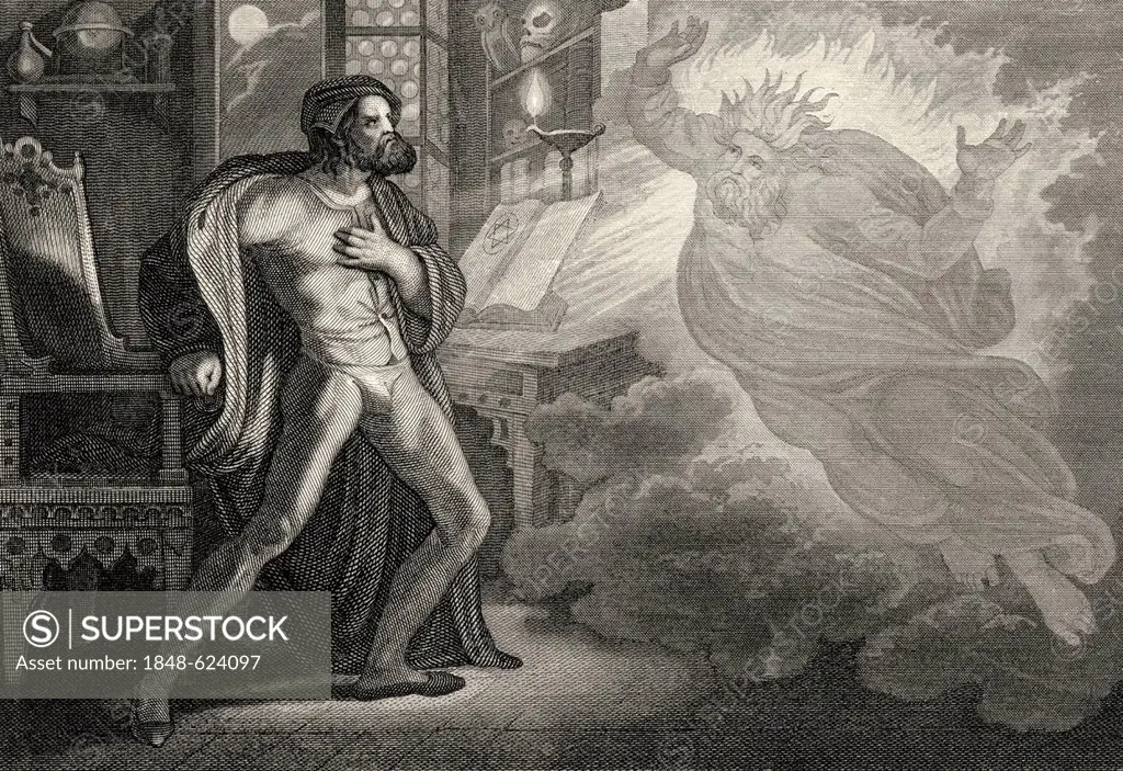 Historic steel engraving from the 19th century, the earth spirit glaring at Heinrich Faust, a scene from the tragedy Faust by Johann Wolfgang von Goet...
