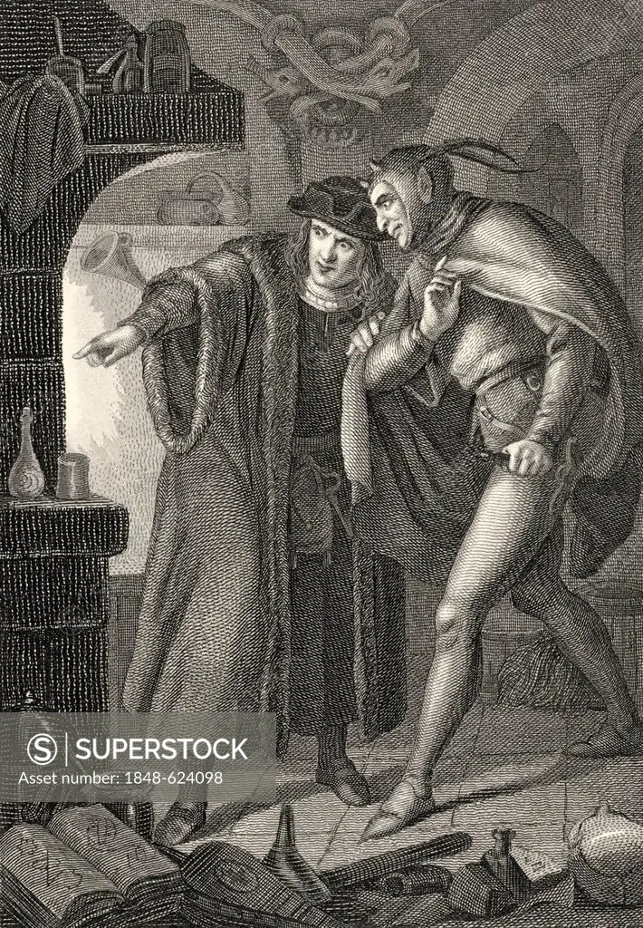 Historic steel engraving by Johann Baptist Wilhelm Adolf Sonderland, 1805 - 1878, a German illustrator, the Faustian pact between Mephistopheles or Me...