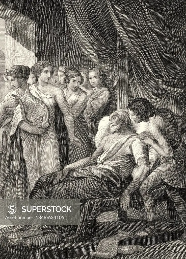 Historic steel engraving by Ferdinand Rothbart, 1823 - 1899, a German illustrator, drawing of the dying Philemon, Philemon's Death by Karl August Geor...