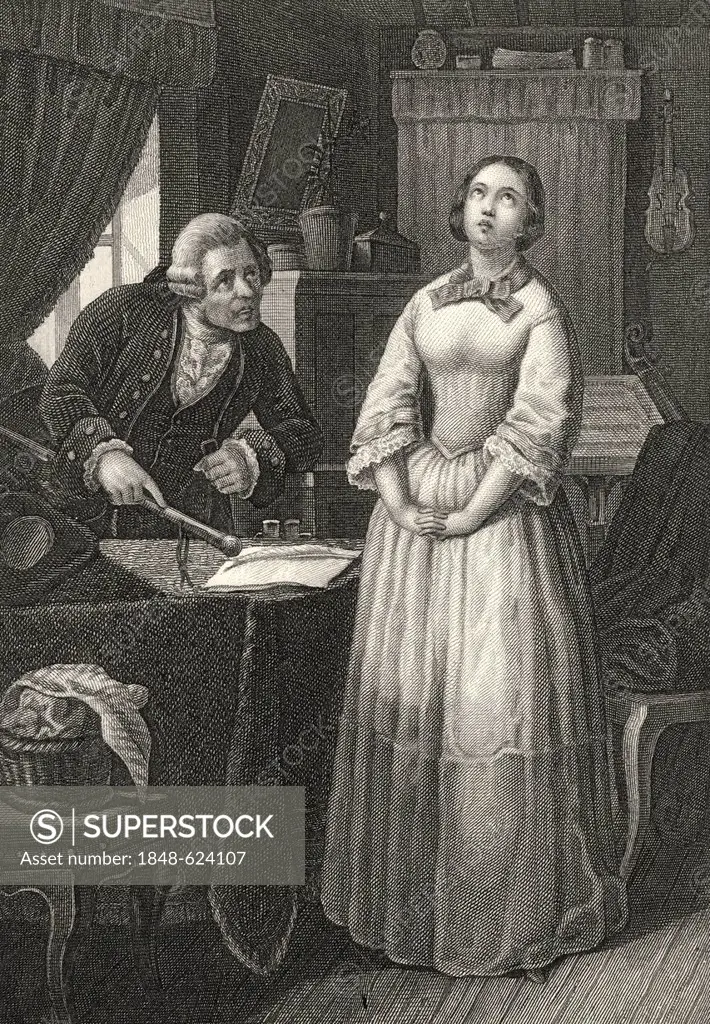 Historic steel engraving by Johann Baptist Wilhelm Adolf Sonderland, 1805 - 1878, a German illustrator, a scene from Intrigue and Love, a drama by Joh...