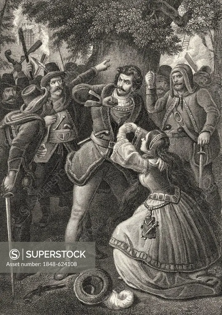 Historic steel engraving by Johann Baptist Wilhelm Adolf Sonderland, 1805 - 1878, a German illustrator, scene from The Robbers, a drama by Johann Chri...