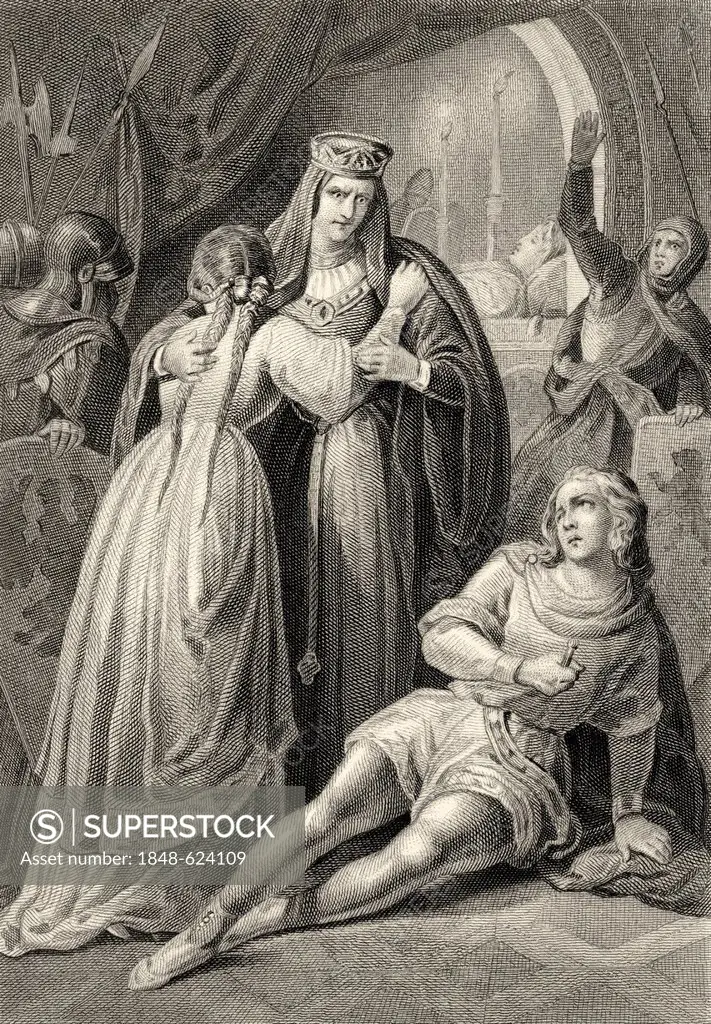 Historic steel engraving by Johann Baptist Wilhelm Adolf Sonderland, 1805 - 1878, a German illustrator, scene from The Bride of Messina or The Hostile...
