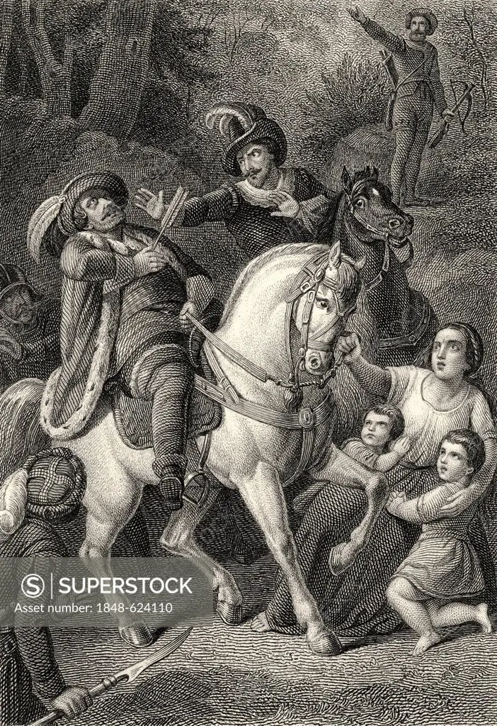 Historic steel engraving by Johann Baptist Wilhelm Adolf Sonderland, 1805 - 1878, a German illustrator, scene from William Tell, a play by Johann Chri...