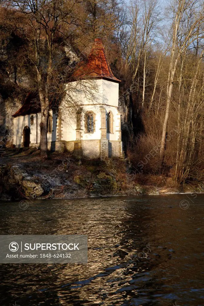 St. Wendel zum Stein chapel on the banks of the Jagst river near Doerzbach, Jagsttal valley, Hohenlohe region, Baden-Wuerttemberg, Germany, Europe