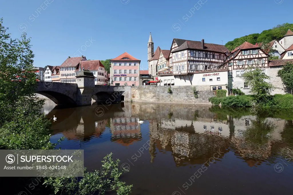 Buildings on the bank of the Kocher river, Schwaebisch Hall, Baden-Wuerttemberg, Germany, Europe