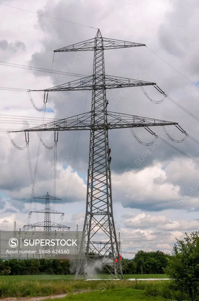 Cleaning works at the electricity pylons at Karben transformer station, Hesse, Germany, Europe