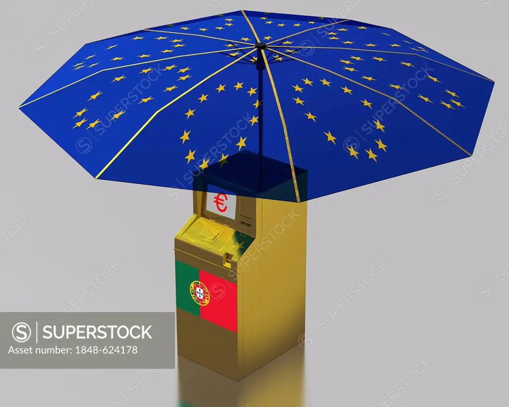 ATM with a Portugese flag under an umbrella with the stars of the EU, symbolic image for the euro rescue package for Portugal, illustration