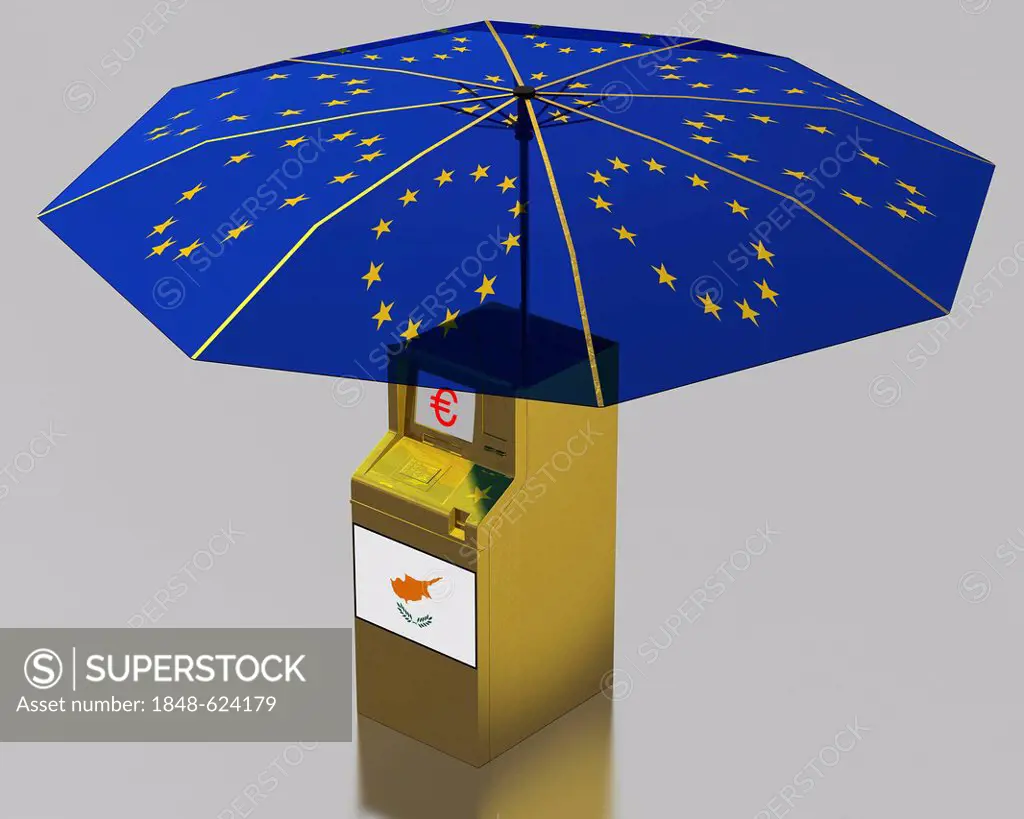 ATM with a Cypriot flag under an umbrella with the stars of the EU, symbolic image for the euro rescue package for Cyprus, illustration
