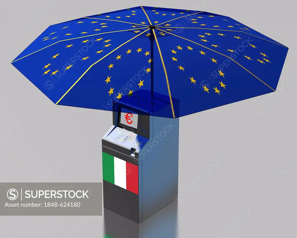 ATM with an Italian flag under an umbrella with the stars of the EU, symbolic image for the euro rescue package for Italy, illustration
