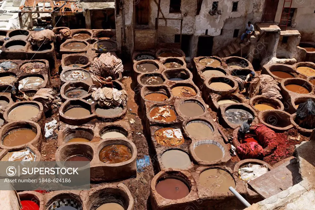 Traditional tanneries and dye works in Fès, Fez, Fès-Boulemane, Morocco, North Africa, Maghreb, Africa