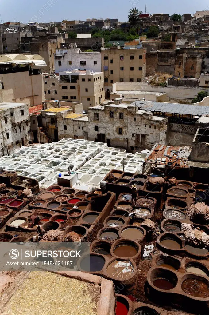 Traditional tanneries and dye works in Fès, Fez, Fès-Boulemane, Morocco, North Africa, Maghreb, Africa