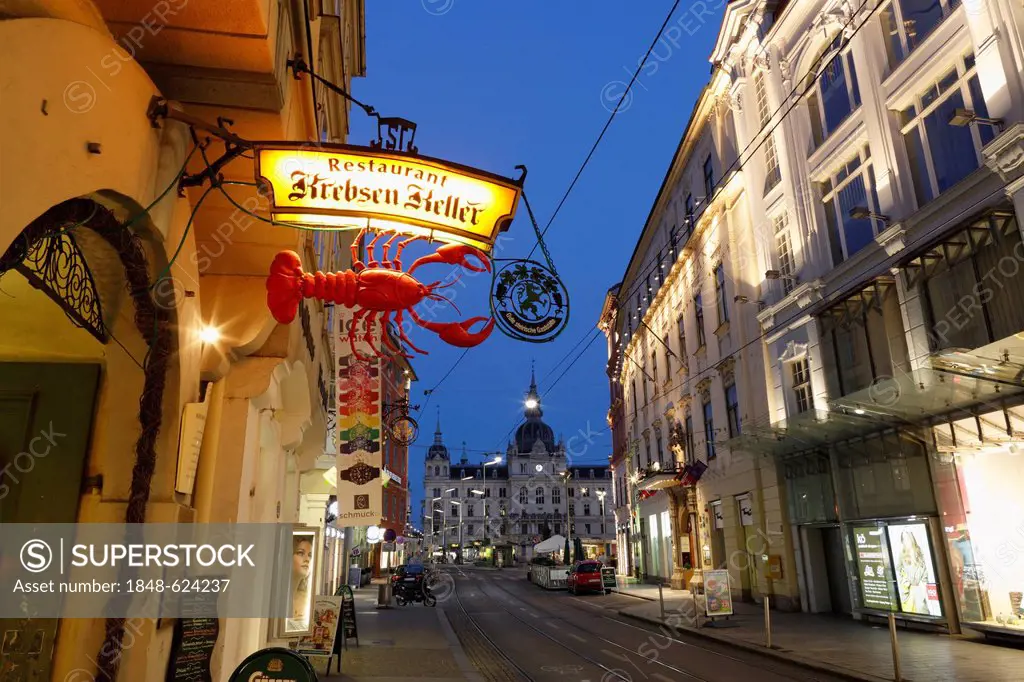 Krebsenkeller restaurant, Sackstrasse street and Town Hall, Graz, Styria, Austria, Europe, PublicGround