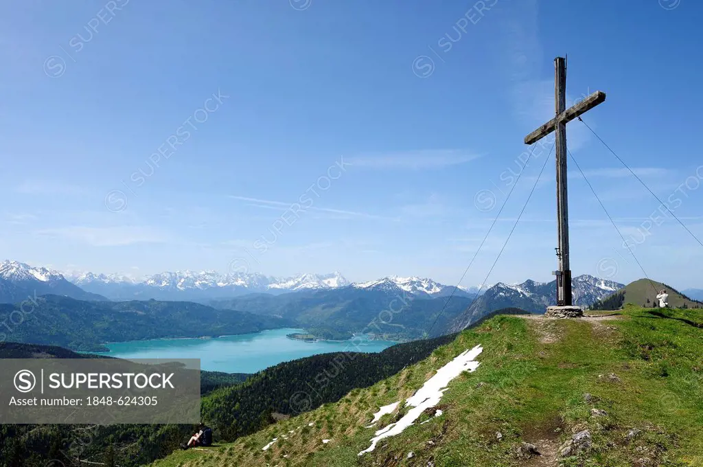 Summit of Mt Hischkopfhoernl near Jachenau, Walchensee Lake at back, Toelzer Land region, Isarwinkel region, Upper Bavaria, Bavaria, Germany, Europe, ...