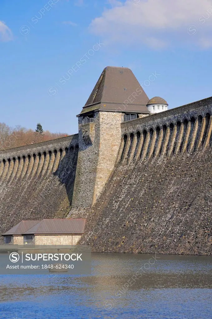 Dam of the Moehne reservoir, North Rhine-Westphalia, Germany, Europe, PublicGround
