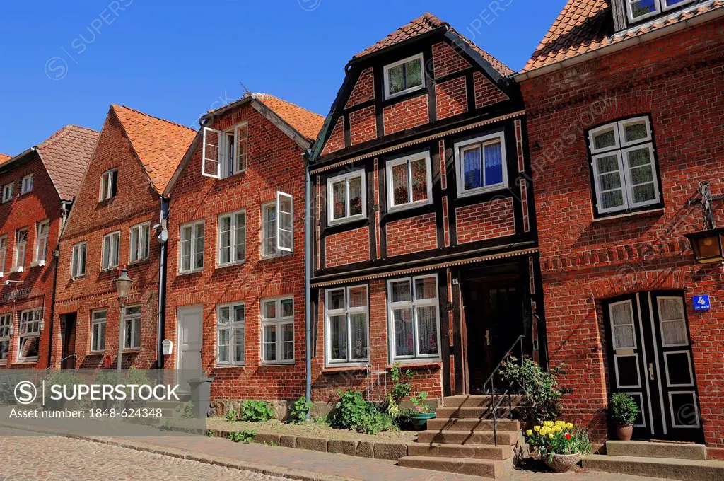 Row of houses in Moelln, Herzogtum Lauenburg district, Schleswig-Holstein, Germany, Europe, PublicGround