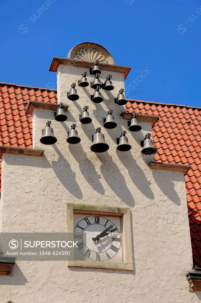 Old Town Hall, facade with clock and chimes, registry office and tourist information, Haltern am See, Muensterland, North Rhine-Westphalia, Germany, E...