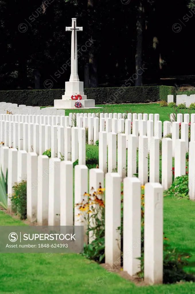 Grave stones and a cross in Airborne Cemetery, Arnhem Oosterbeek War Cemetery, Oosterbeek, Arnhem, Gelderland, Netherlands, Europe