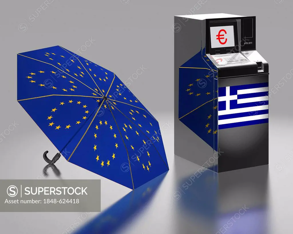 ATM with a Greek flag beside an umbrella with the stars of the EU, symbolic image for the euro rescue package, illustration