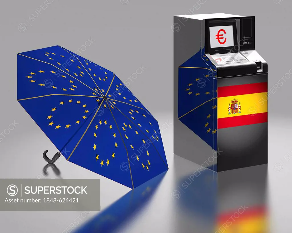 ATM with a Spanish flag beside an umbrella with the stars of the EU, symbolic image for the euro rescue package, illustration