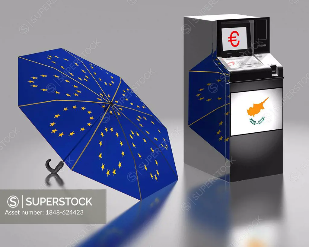 ATM with a Cypriot flag beside an umbrella with the stars of the EU, symbolic image for the euro rescue package, illustration