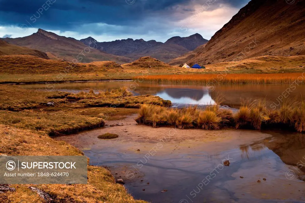 Tent camp, evening mood, Lake Laguna Mitucocha, Cordillera Huayhuash mountain range, Andes, Peru, South America