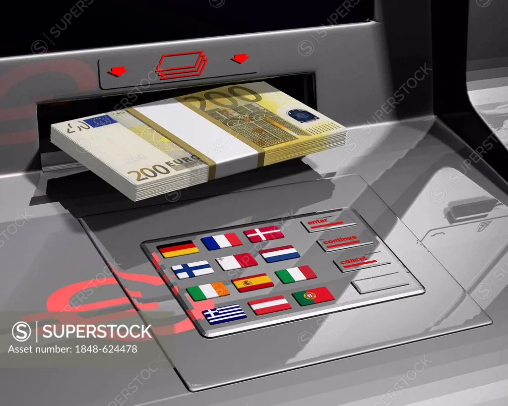 ATM with flags of the EU, symbolic image for the euro rescue package, illustration