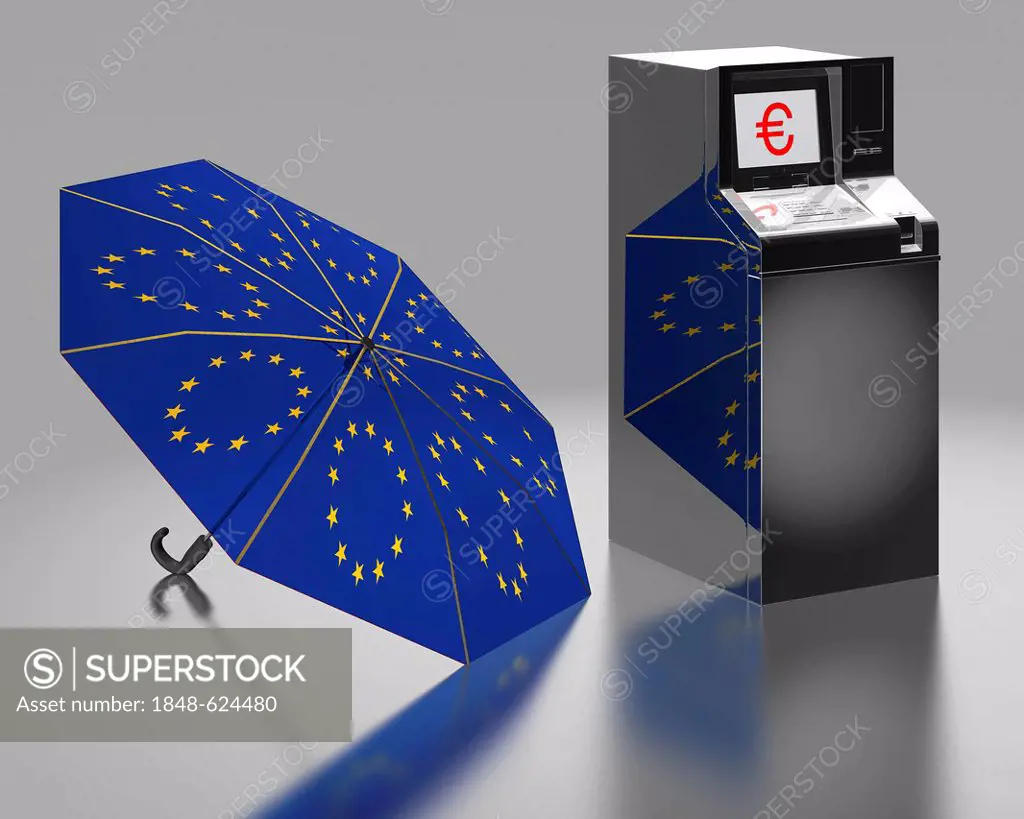 ATM beside an umbrella with the stars of the EU, symbolic image for the euro rescue package, illustration