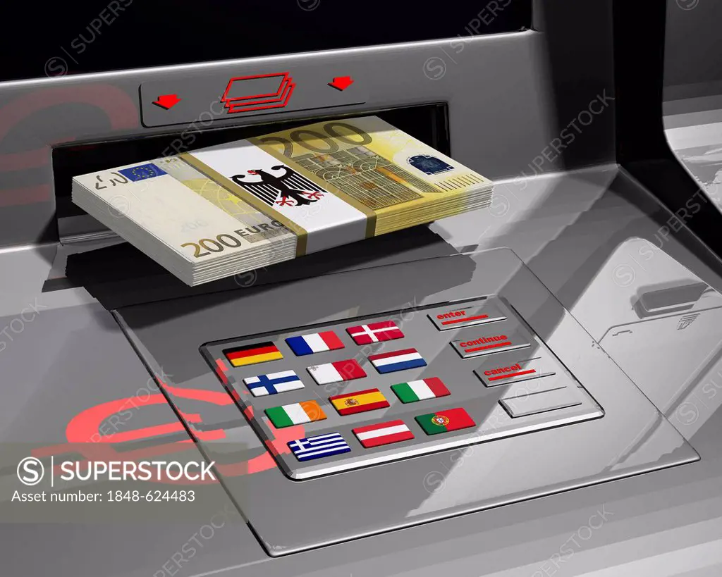 ATM with flags of the EU, symbolic image for the euro rescue package, illustration
