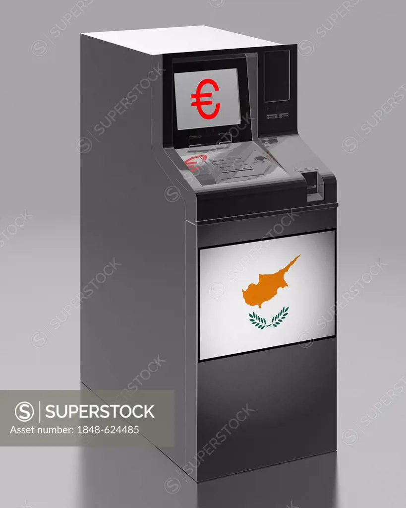 ATM with a Cypriot flag, symbolic image for the euro rescue package for Cyprus, illustration