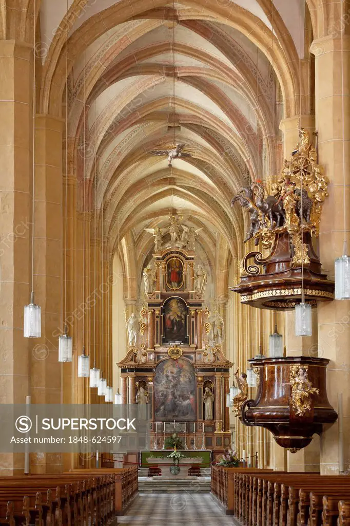 The altar and the pulpit in the monastery church, Benedictine Abbey of St. Lambrecht, Styria, Austria, Europe