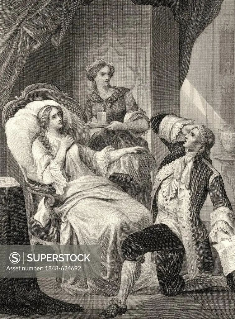 Historic steel engraving by Ferdinand Rothbart, 1823 - 1899, a German illustrator, scene from Miss Sara Sampson, by Gotthold Ephraim Lessing, the firs...
