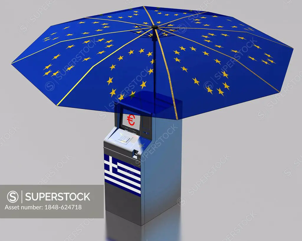 ATM with a Greek flag under an umbrella with the stars of the EU, symbolic image for the euro rescue package for Greece, illustration