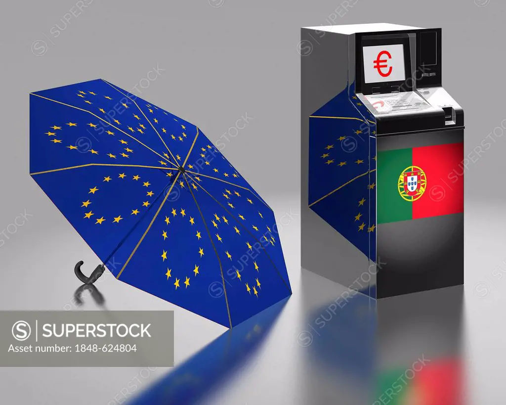 ATM with a Portuguese flag beside an umbrella with the stars of the EU, symbolic image for the euro rescue package, illustration