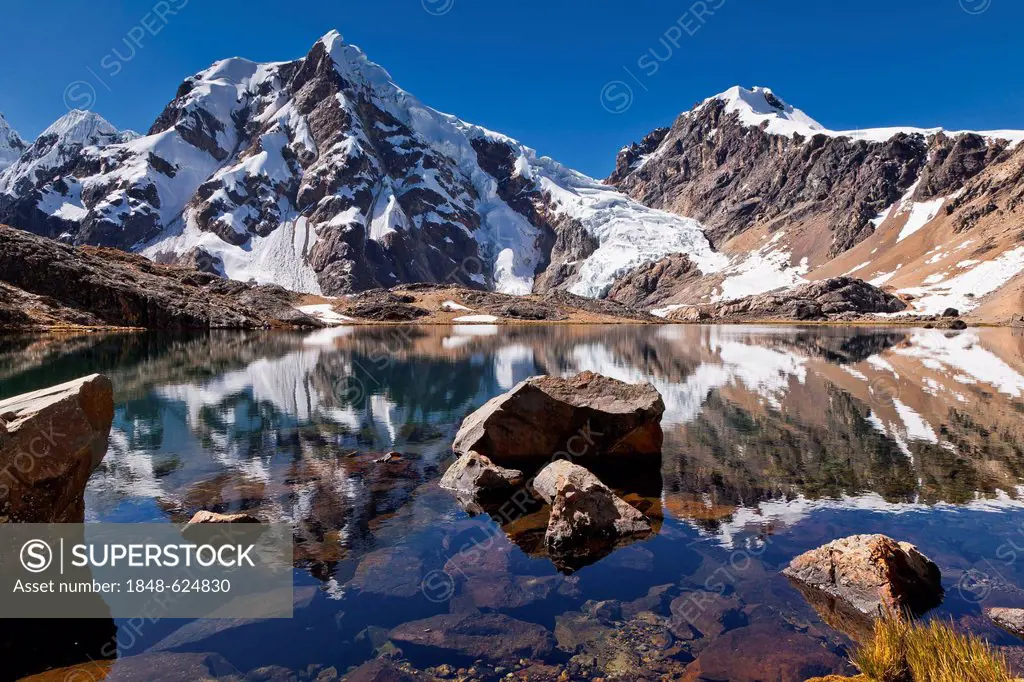 Mountain lake with reflection, Cordillera Huayhuash mountain range, Andes, Peru, South America