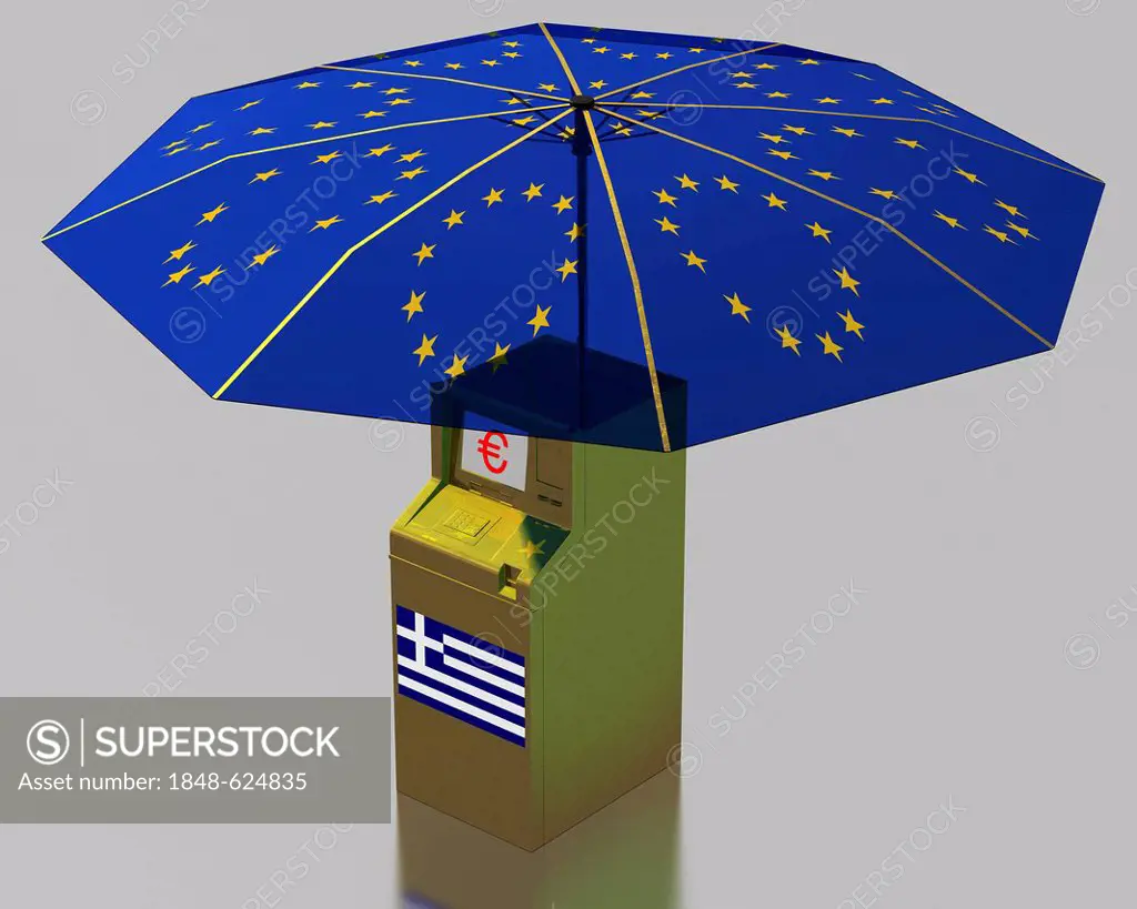 ATM with a Greek flag beneath an umbrella with the stars of the EU, symbolic image for the euro rescue package for Greece, illustration