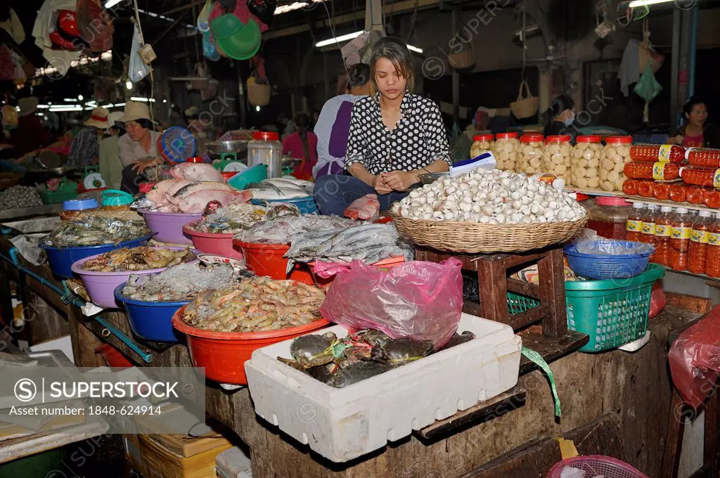 Fishmonger sitting among her fish, Old Market in Siem Reap, Cambodia, Southeast Asia, Asia