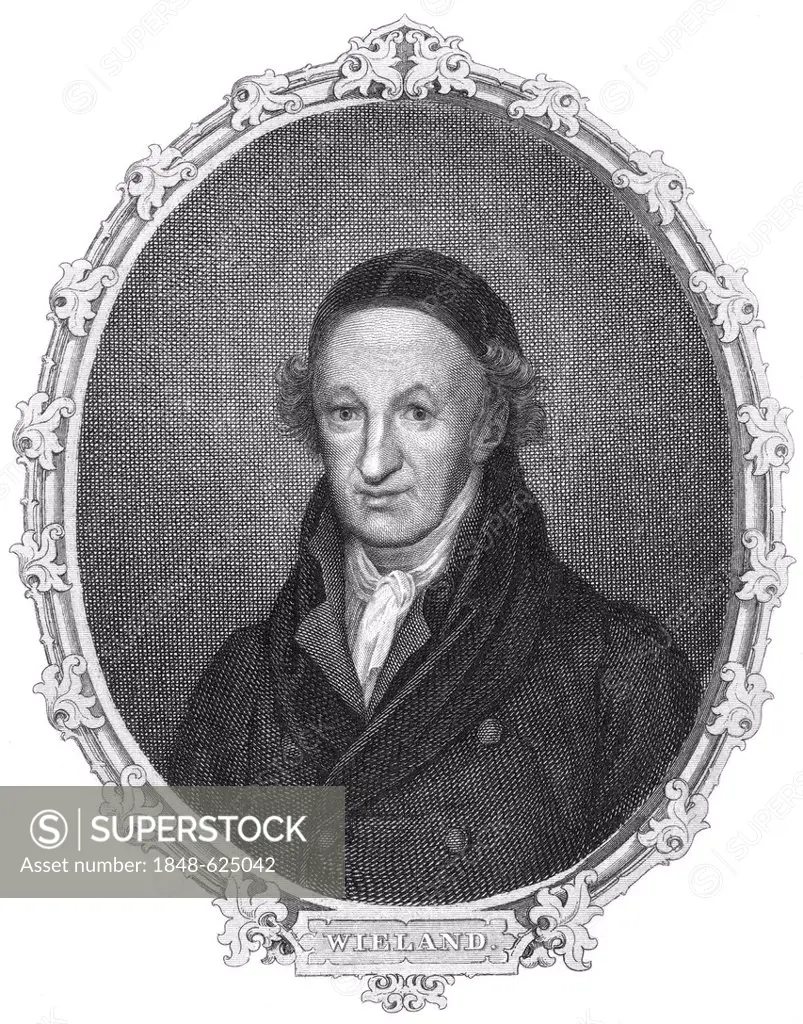 Historic steel engraving from the 19th century, portrait of Christoph Martin Wieland, 1733 - 1813, a German poet, translator and editor of the Age of ...