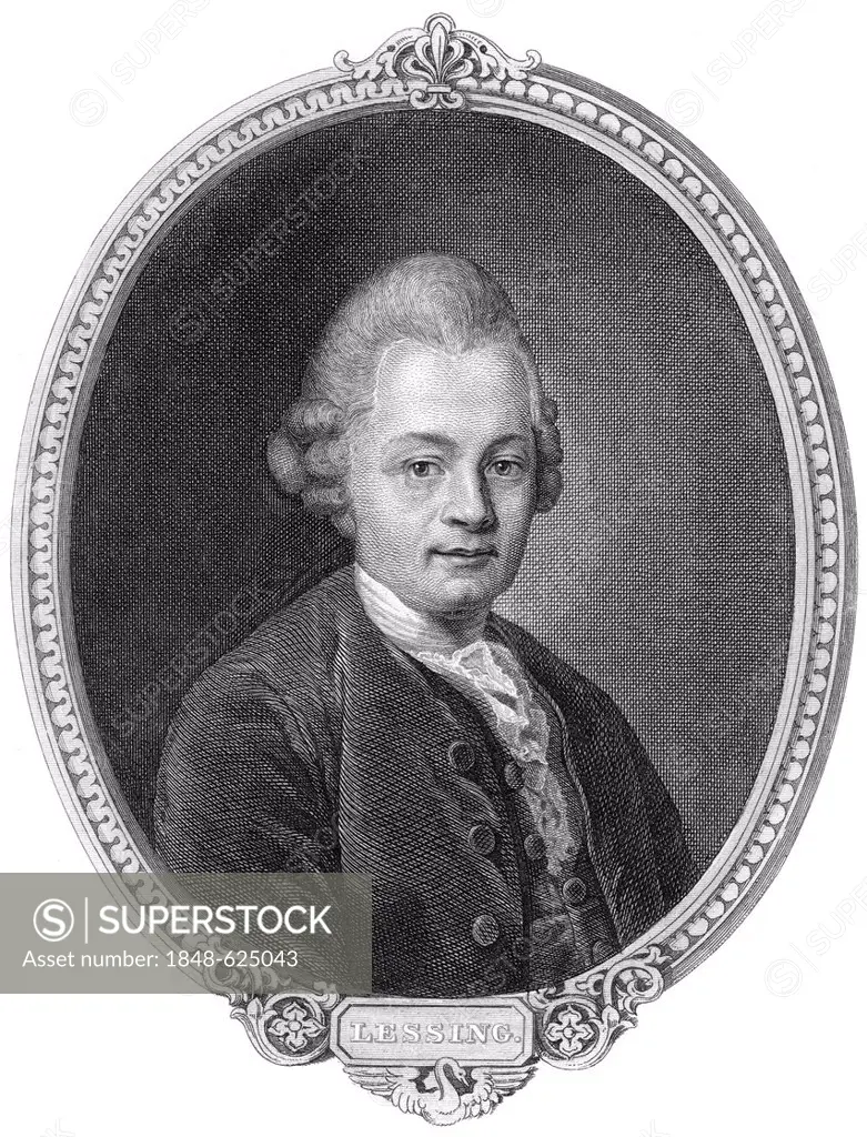 Historic steel engraving from the 19th century, portrait of Gotthold Ephraim Lessing, 1729 - 1781, a poet of the German Age of Enlightenment